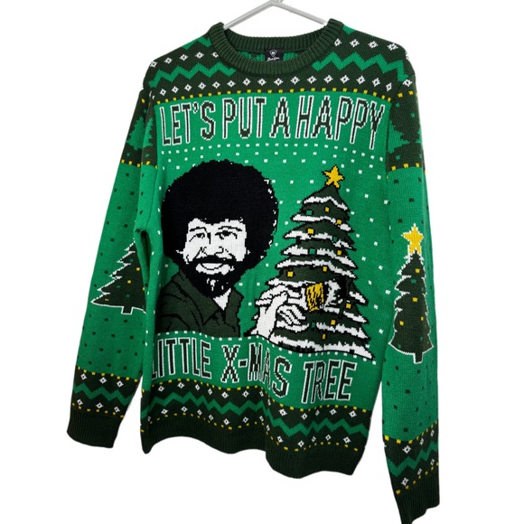 Bob Ross Let's Put A Happy Little X-Mas Tree Ugly Christmas Sweater - Picture 1 of 4